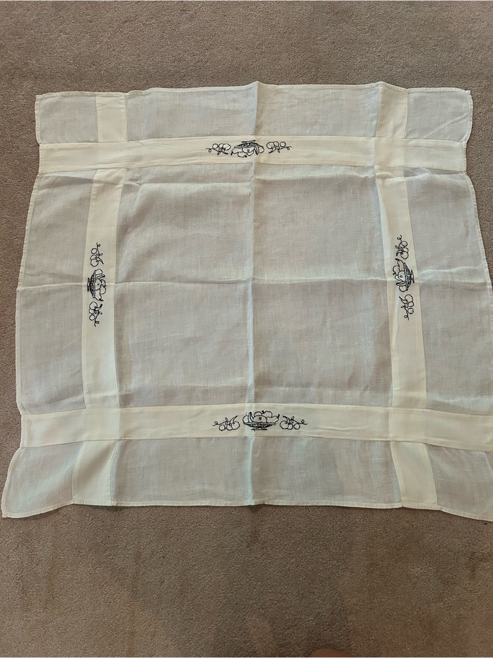Embroidered Linen Tablecloth - White with Black Motif
